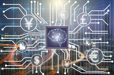 Fintech 连接和人工智能的大脑技术在交易图上的城市背景。显示 cryptocurrency 或数字货币, Fintech